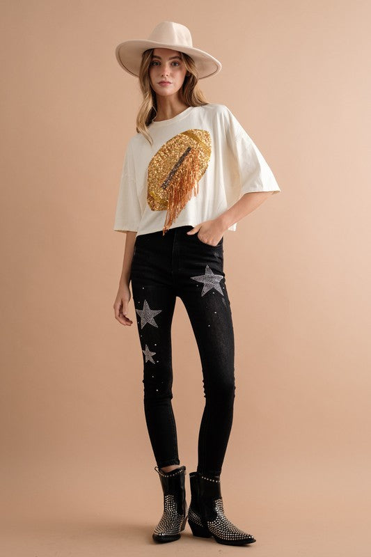 Cream Embellished Sequin Football Fringe Crop T Shirt