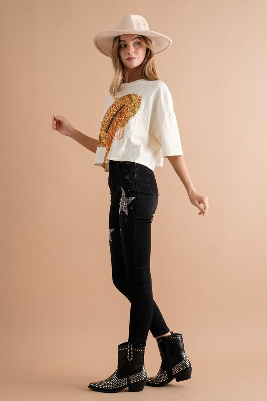 Cream Embellished Sequin Football Fringe Crop T Shirt