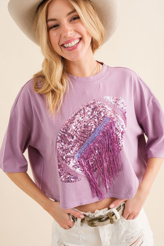 Purple Embellished Sequin Football Fringe Crop T Shirt