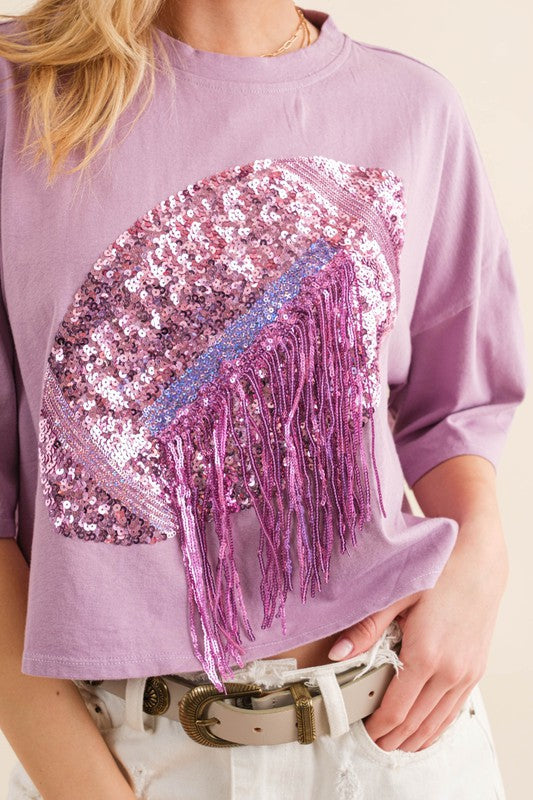 Purple Embellished Sequin Football Fringe Crop T Shirt