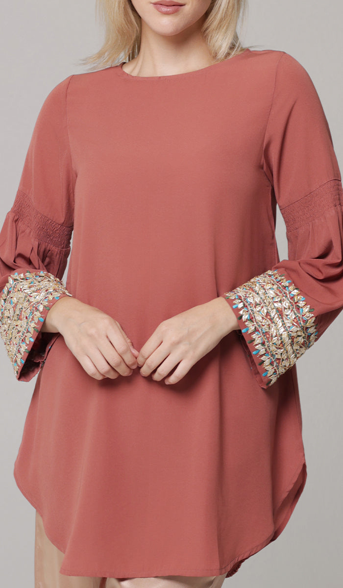 Esme Gold Embellished Formal Long Modest Tunic - Rose