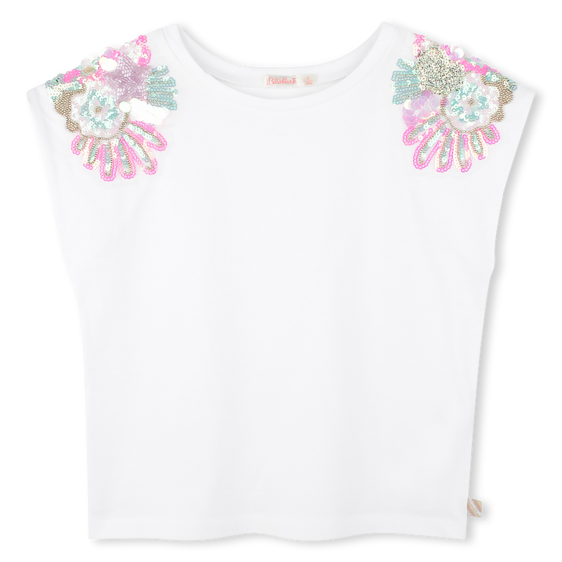 White Floral Sequin Shoulder Embellished T-Shirt