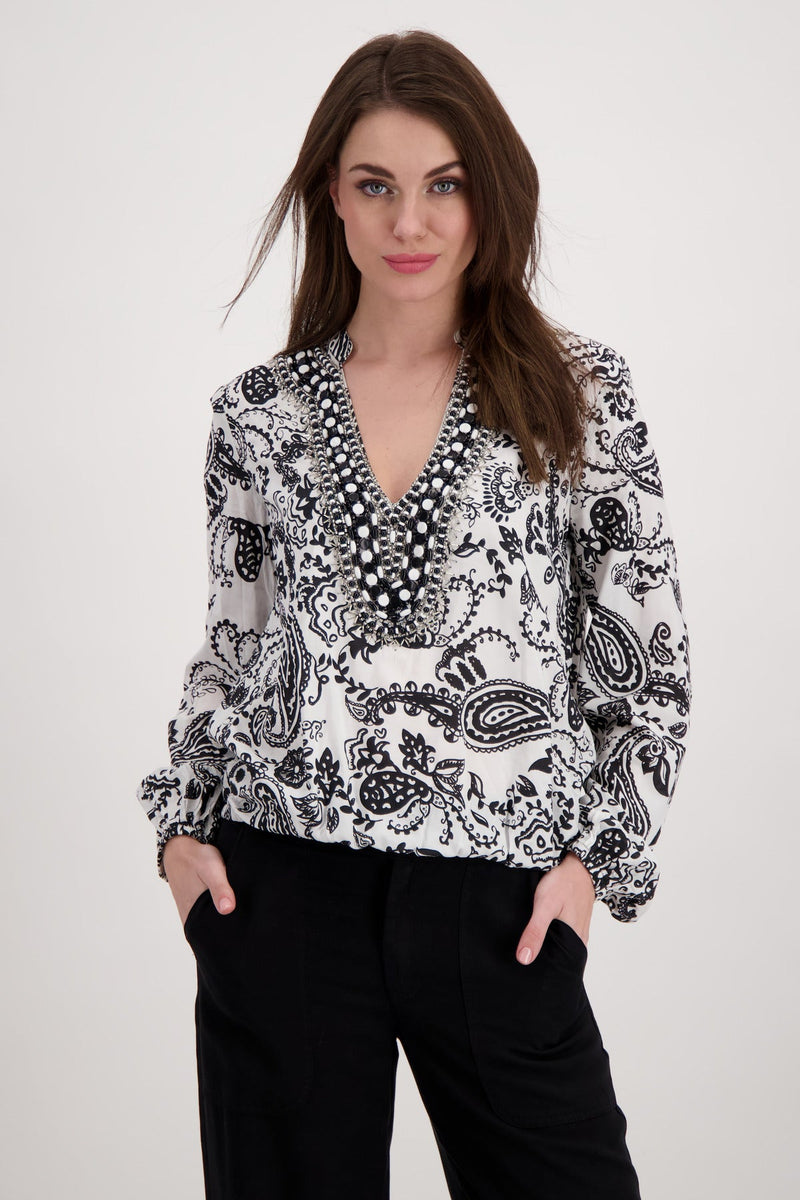 Paisley Print Blouse with Embellished Neckline | Black/White