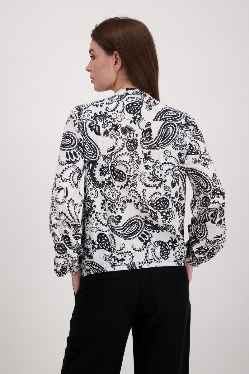 Paisley Print Blouse with Embellished Neckline | Black/White