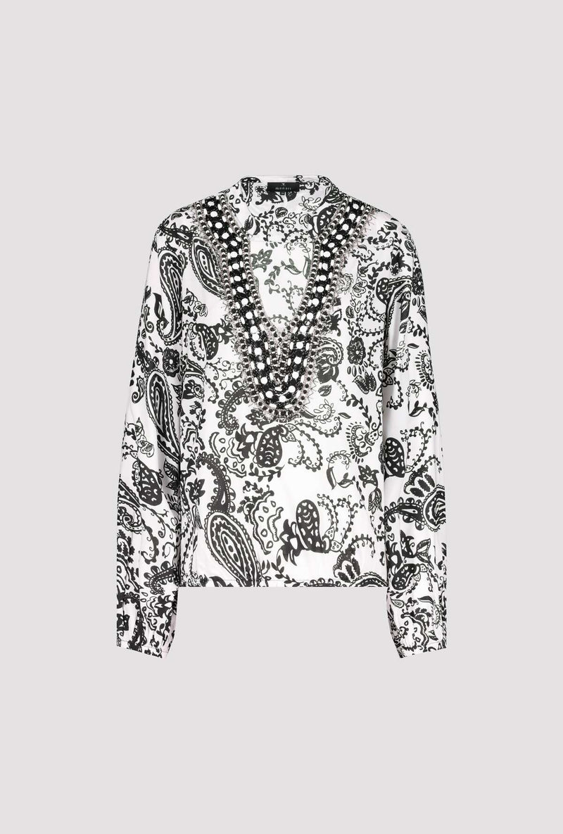 Paisley Print Blouse with Embellished Neckline | Black/White