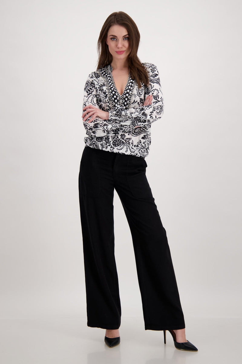 Paisley Print Blouse with Embellished Neckline | Black/White
