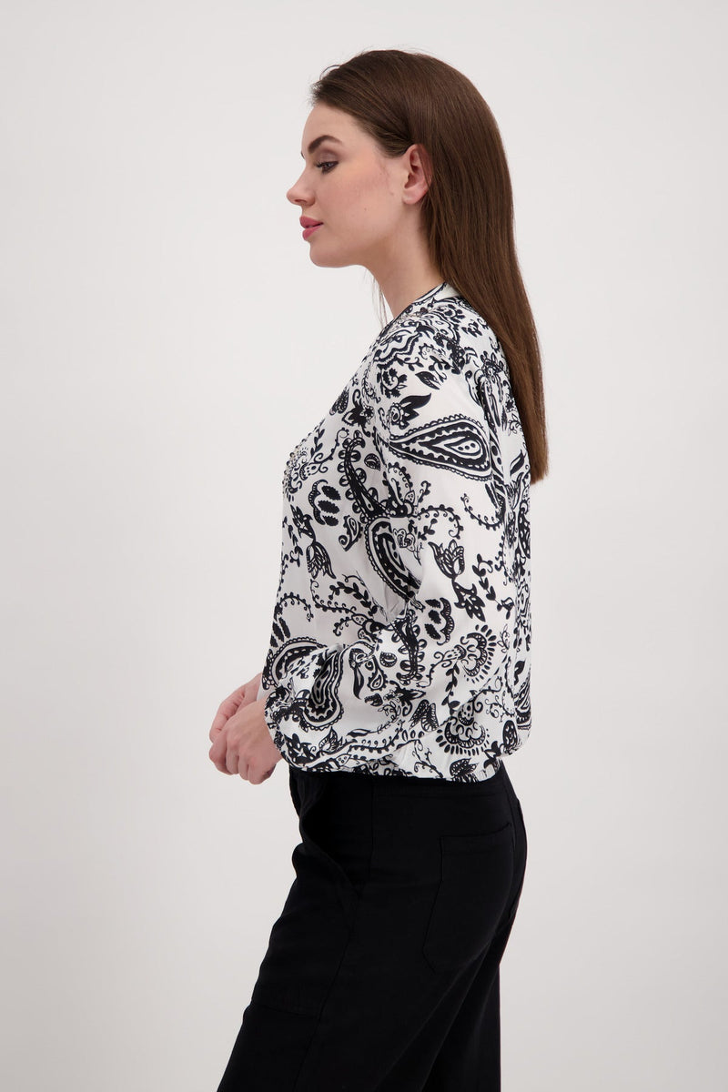 Paisley Print Blouse with Embellished Neckline | Black/White
