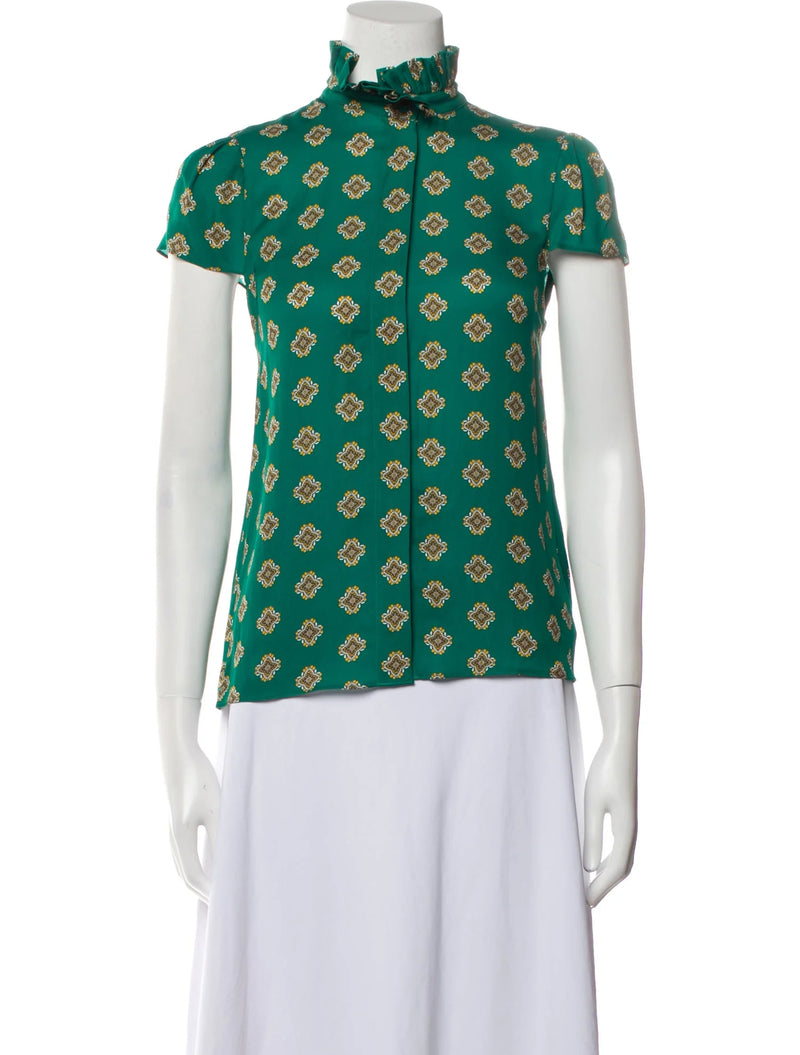 Alice + Olivia Printed Mock Neck Blouse, Green patterns, Ruffle Embellishment, Short Sleeve with Mock Neck, Button Closure at Front, with tags