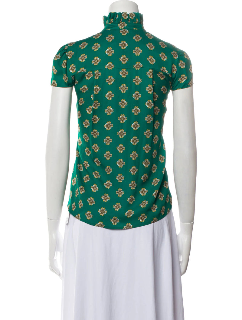 Alice + Olivia Printed Mock Neck Blouse, Green patterns, Ruffle Embellishment, Short Sleeve with Mock Neck, Button Closure at Front, with tags