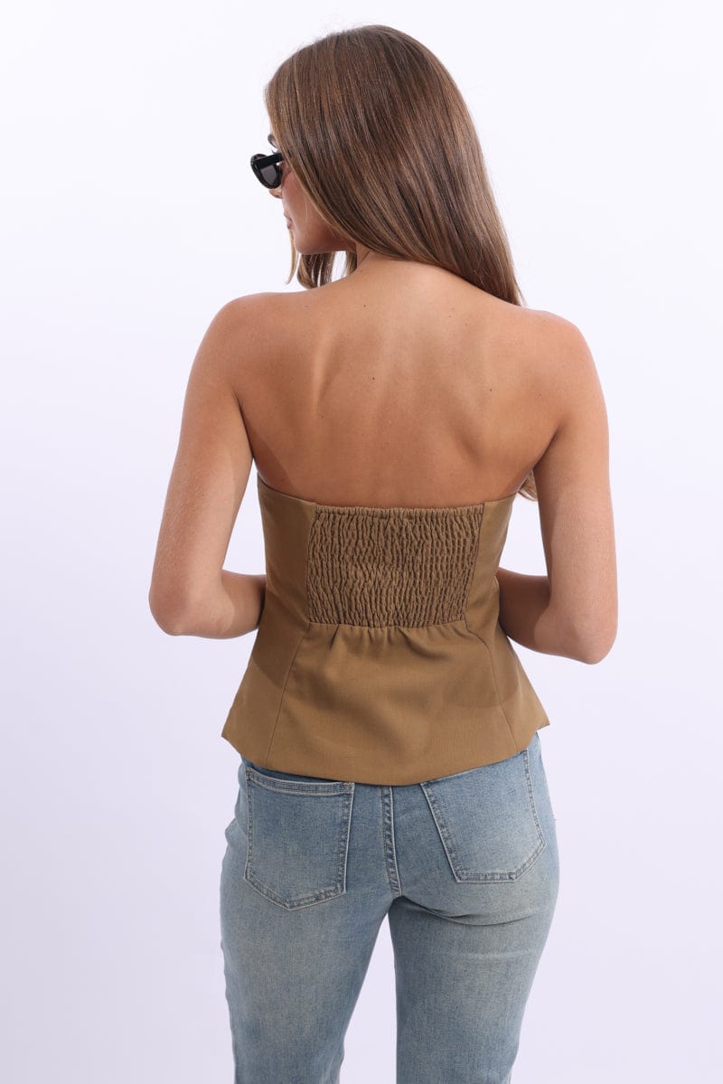 Brown Bandeau Vest Sleeveless Sweetheart Tailored