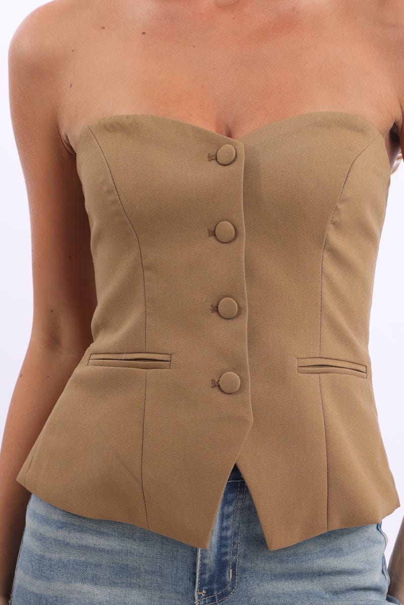Brown Bandeau Vest Sleeveless Sweetheart Tailored