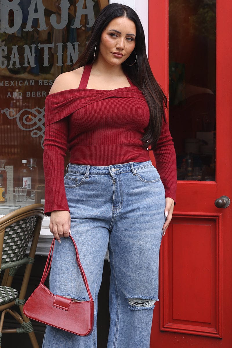 Red Knit Top Long Sleeve Off Shoulder Halter