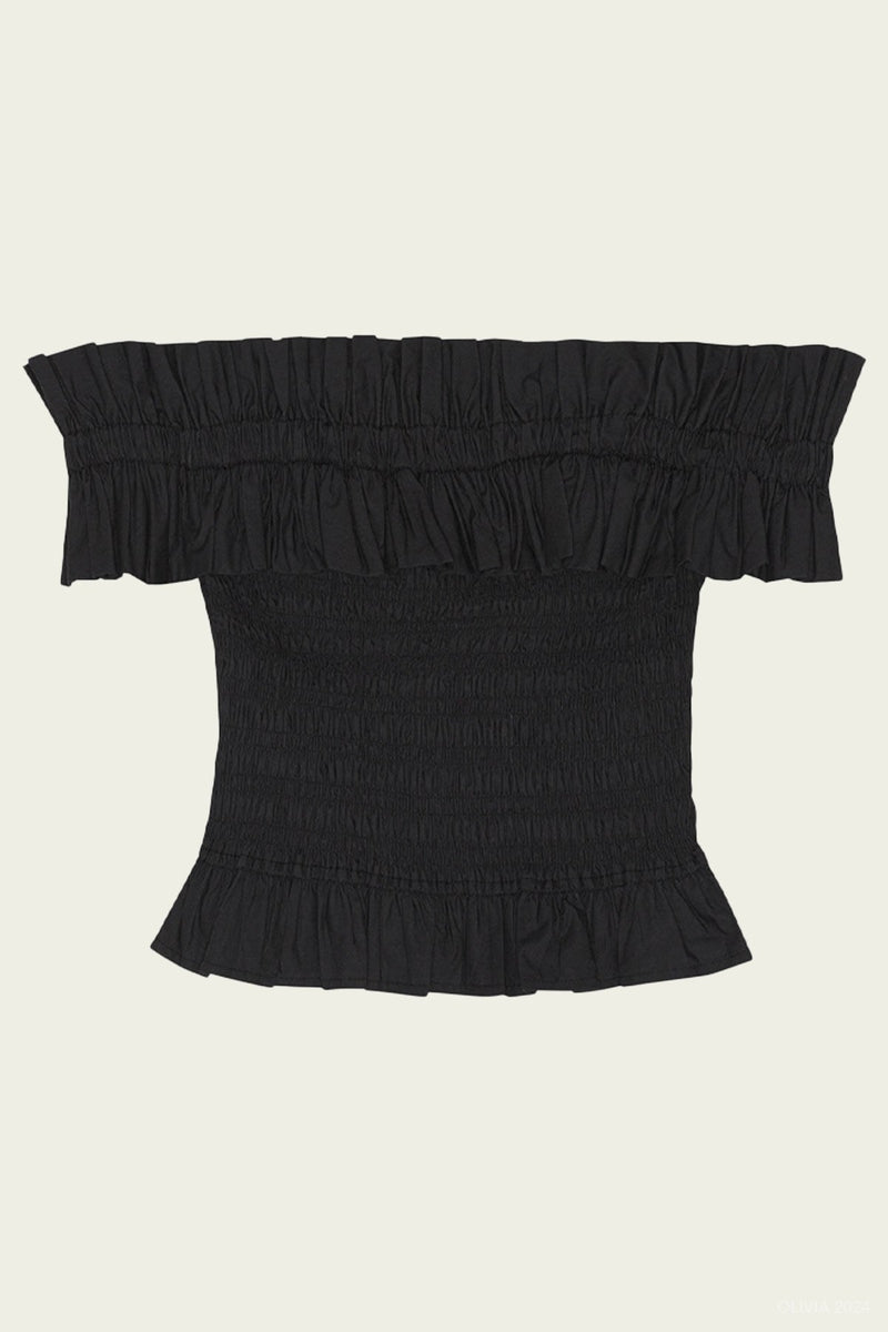 Cotton Poplin Off-Shoulder Smock Top in Black
