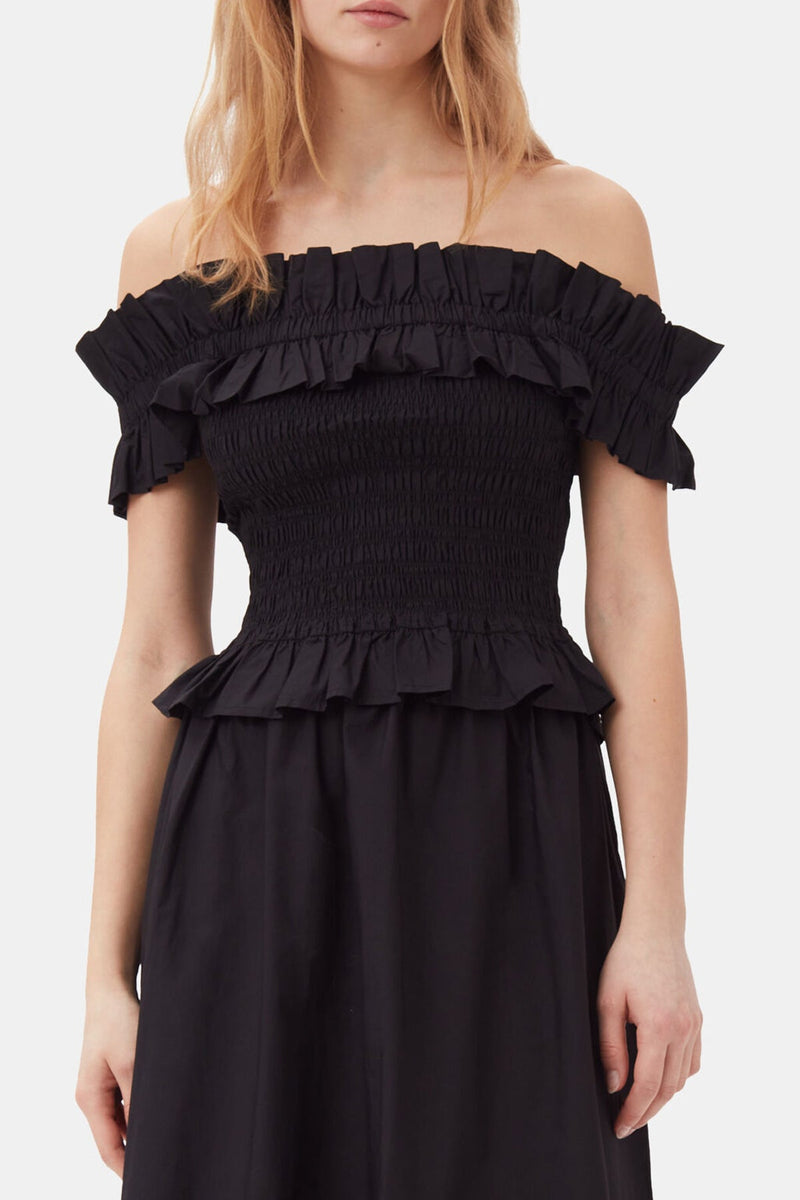 Cotton Poplin Off-Shoulder Smock Top in Black