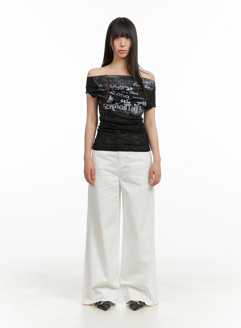 Linen Graphic Off Shoulder Top CU425