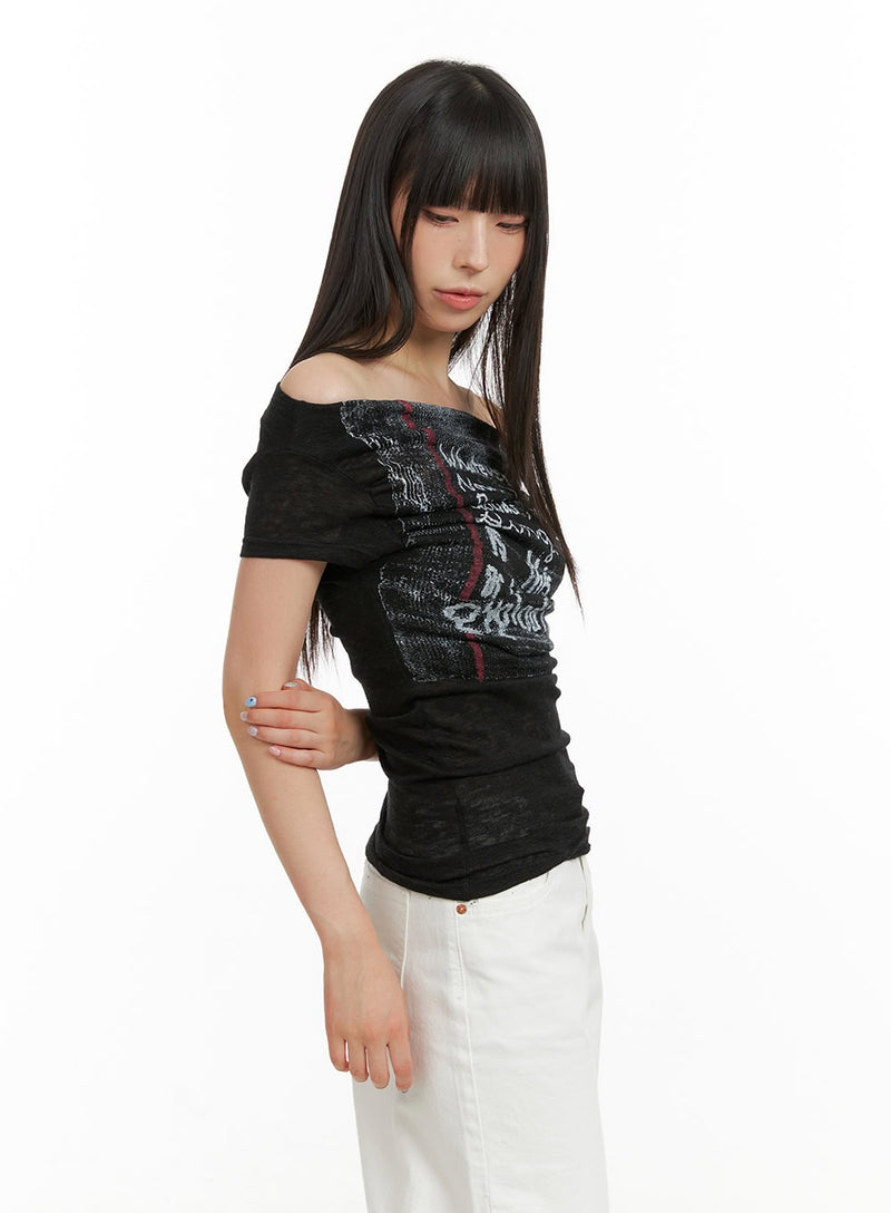 Linen Graphic Off Shoulder Top CU425
