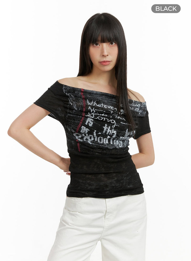 Linen Graphic Off Shoulder Top CU425