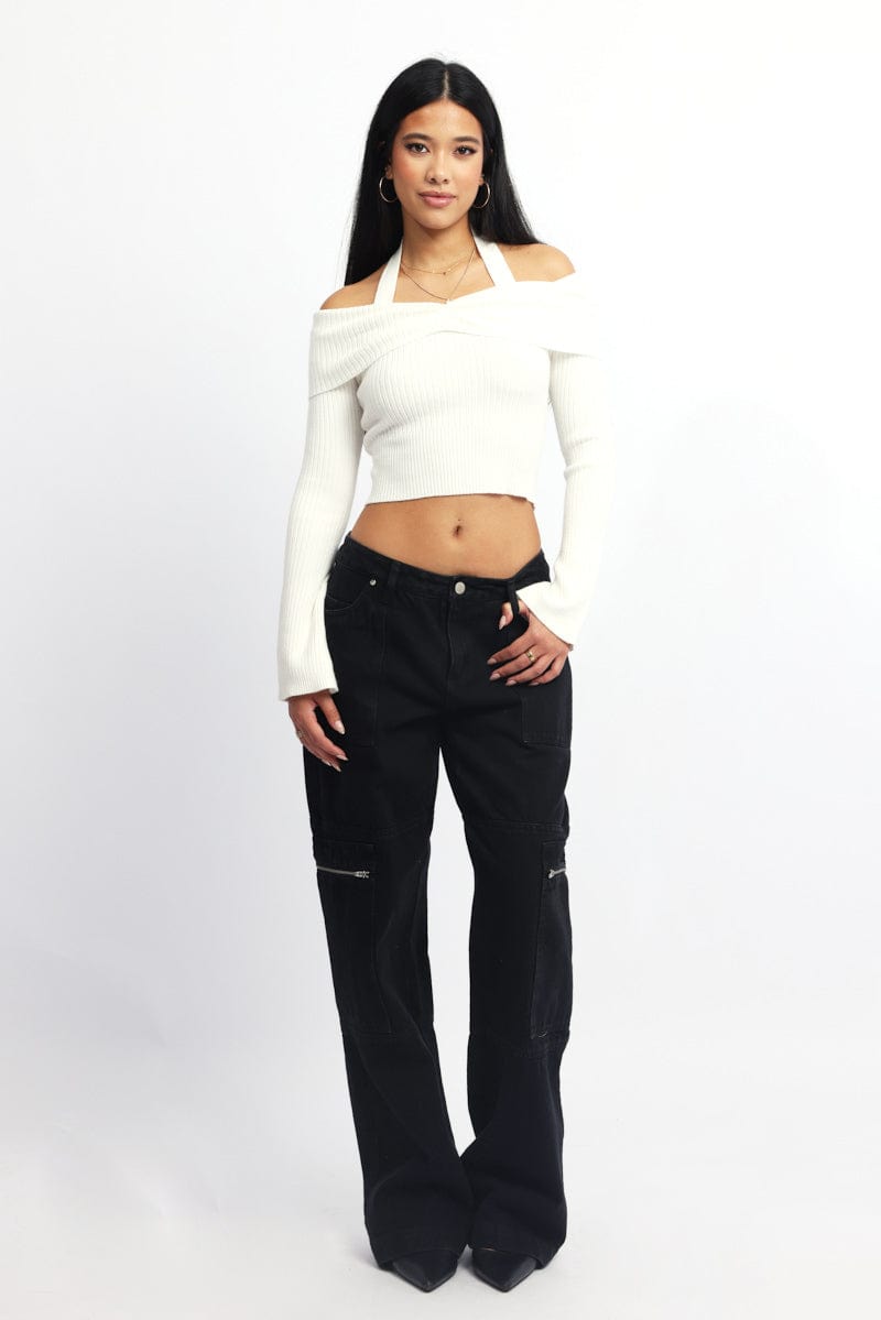 White Knit Top Long Sleeve Off Shoulder Halter
