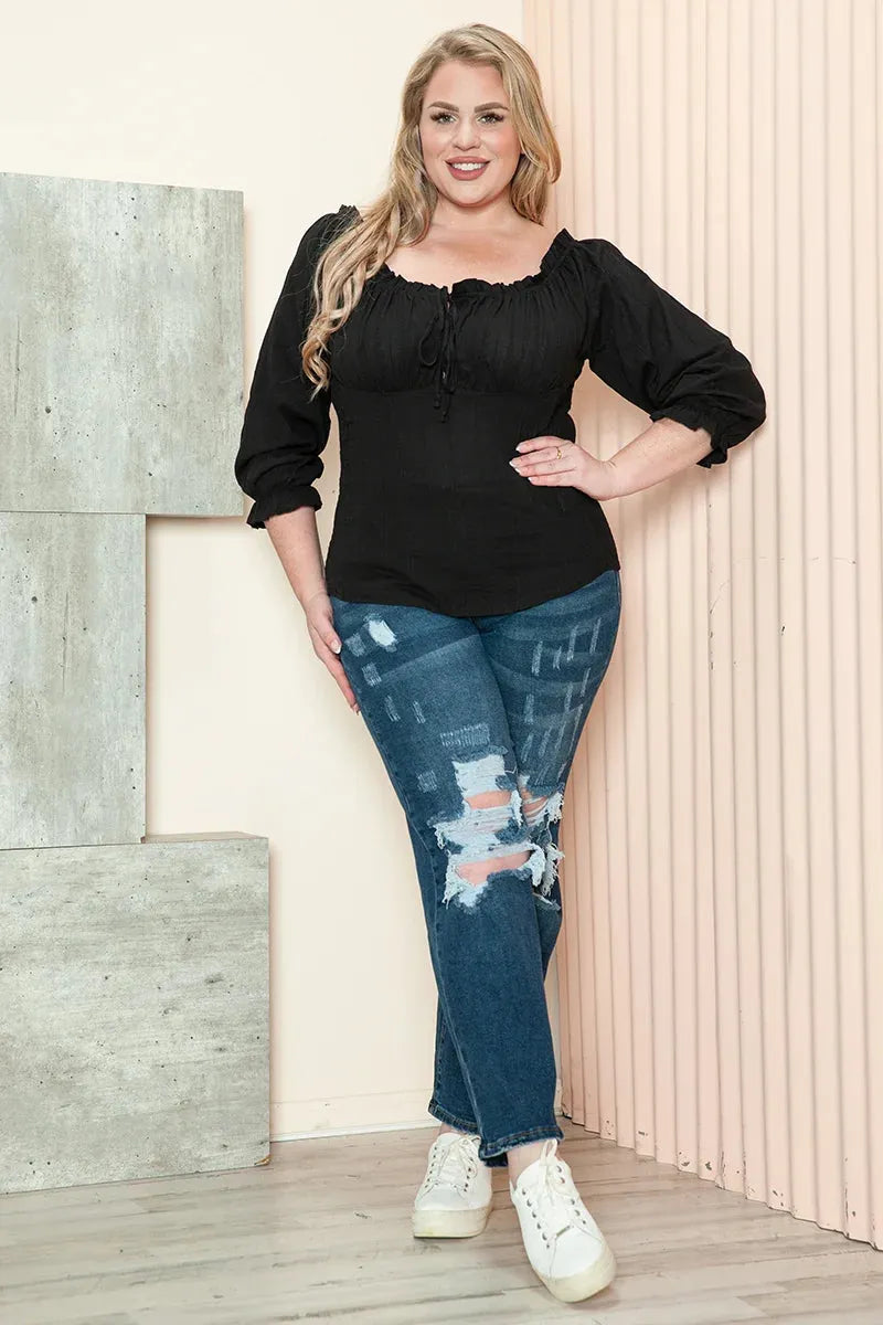 Plus Size Black Ruffle Peasant Off-Shoulder 3/4 Sleeve Tie Front Top