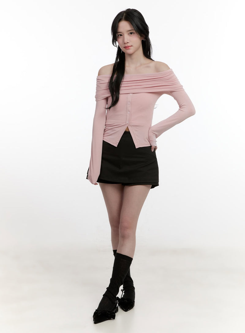 Shirred Off-Shoulder Buttoned Top CF528