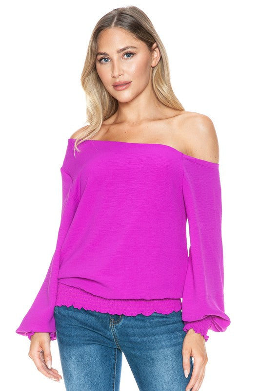Ariella Off Shoulder Smocking Detail Top - Magenta