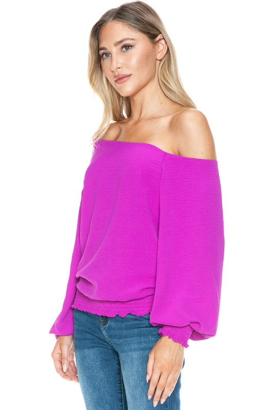 Ariella Off Shoulder Smocking Detail Top - Magenta