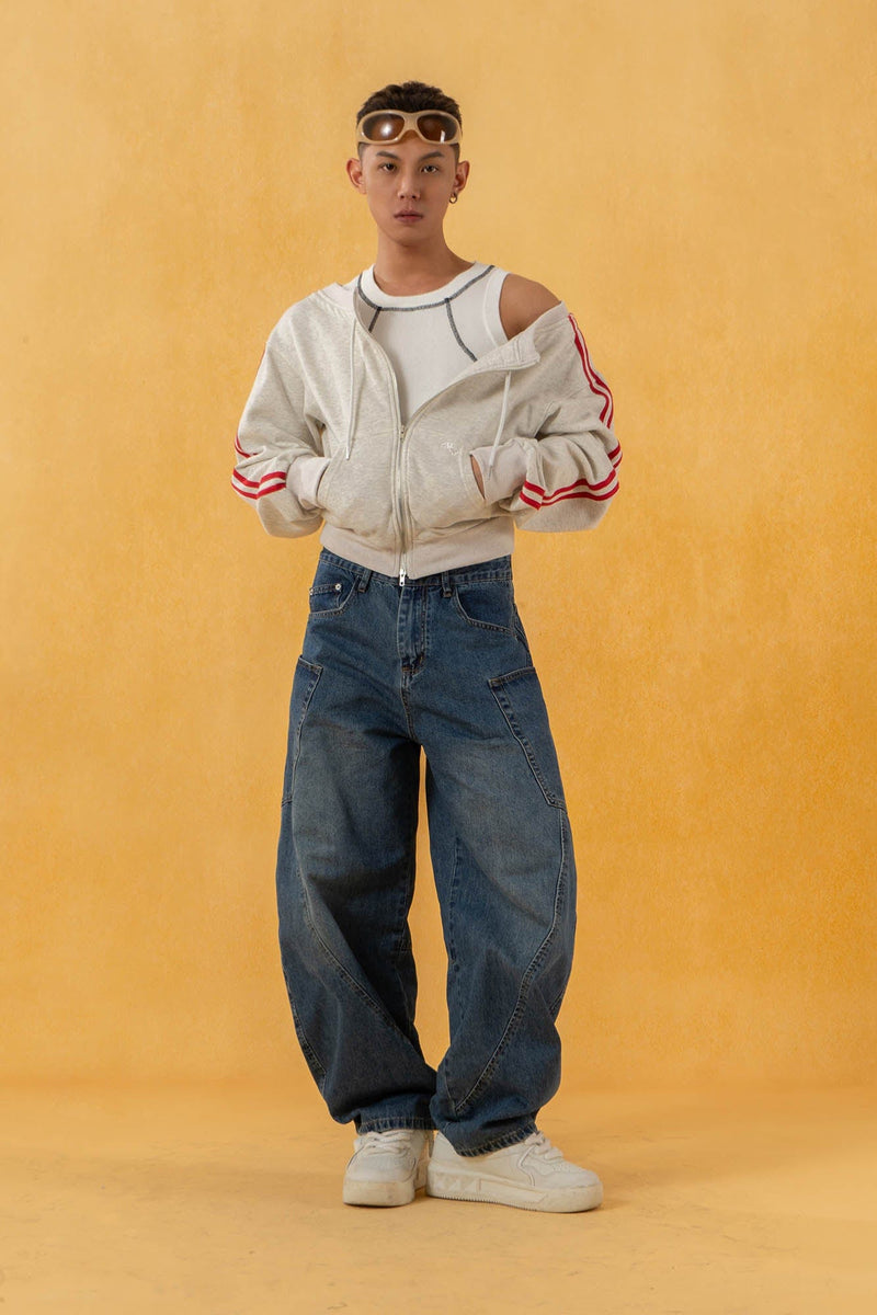 CLP Off-Shoulder Striped Zip-Up Cropped Sweatshirt