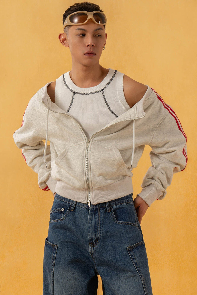 CLP Off-Shoulder Striped Zip-Up Cropped Sweatshirt
