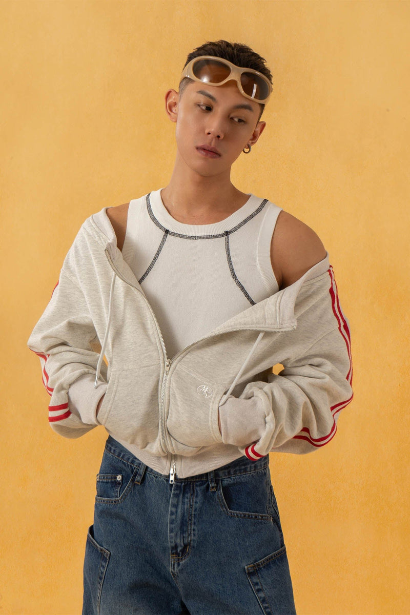 CLP Off-Shoulder Striped Zip-Up Cropped Sweatshirt