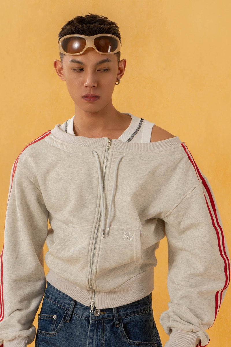 CLP Off-Shoulder Striped Zip-Up Cropped Sweatshirt