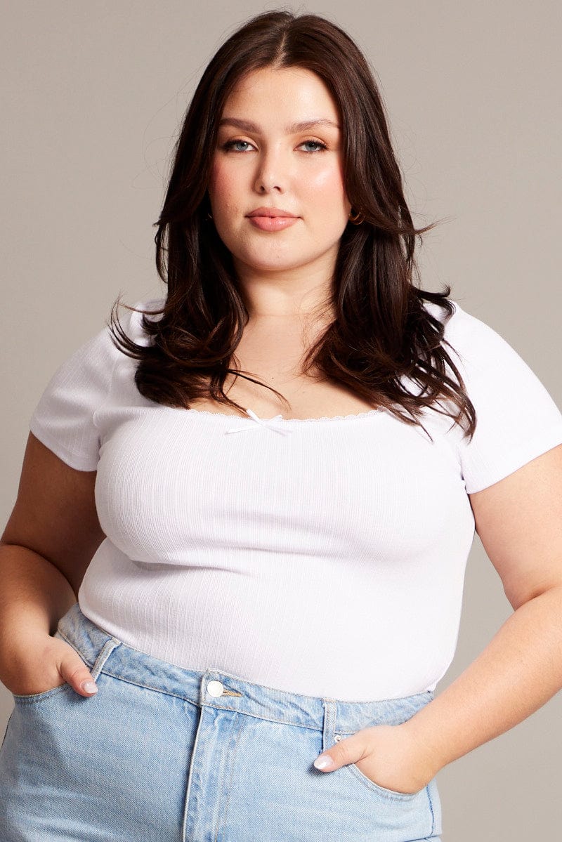 White T-shirt Short Sleeve Scoop Neck Lace Trim