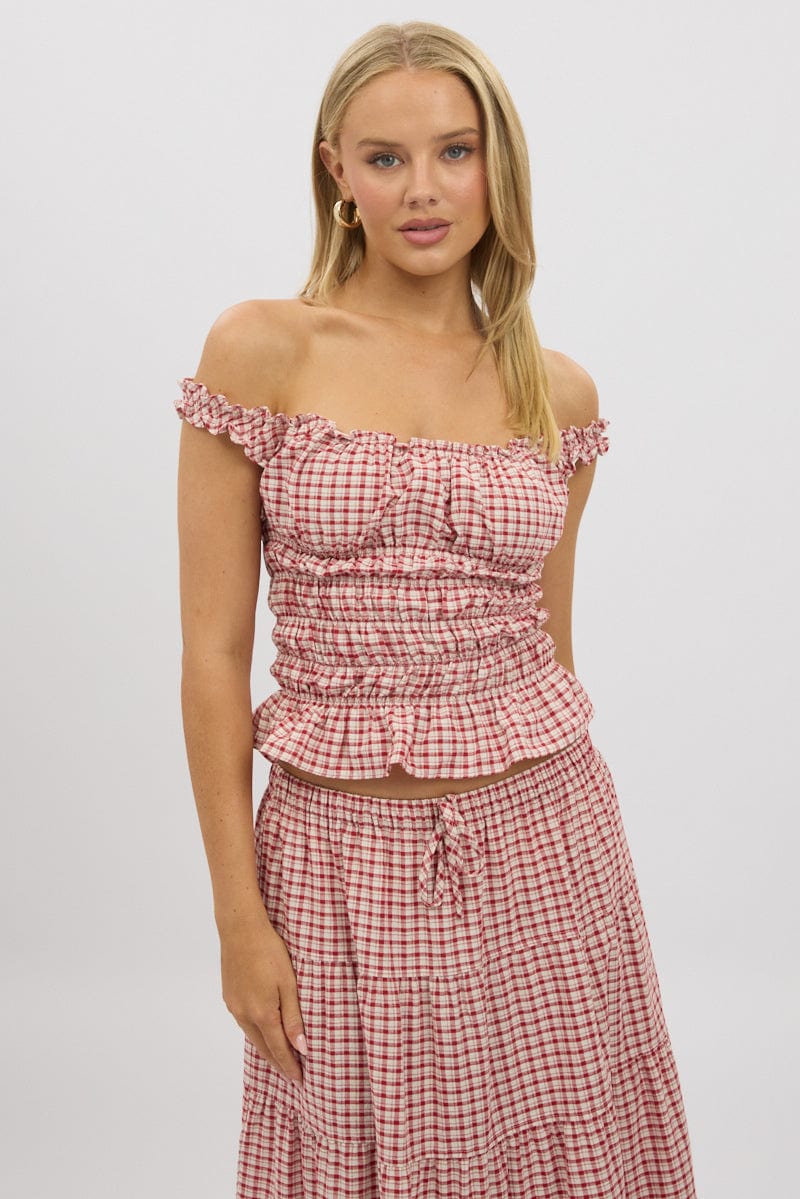 Red Check Shirred Top Off Shoulder Frill Details
