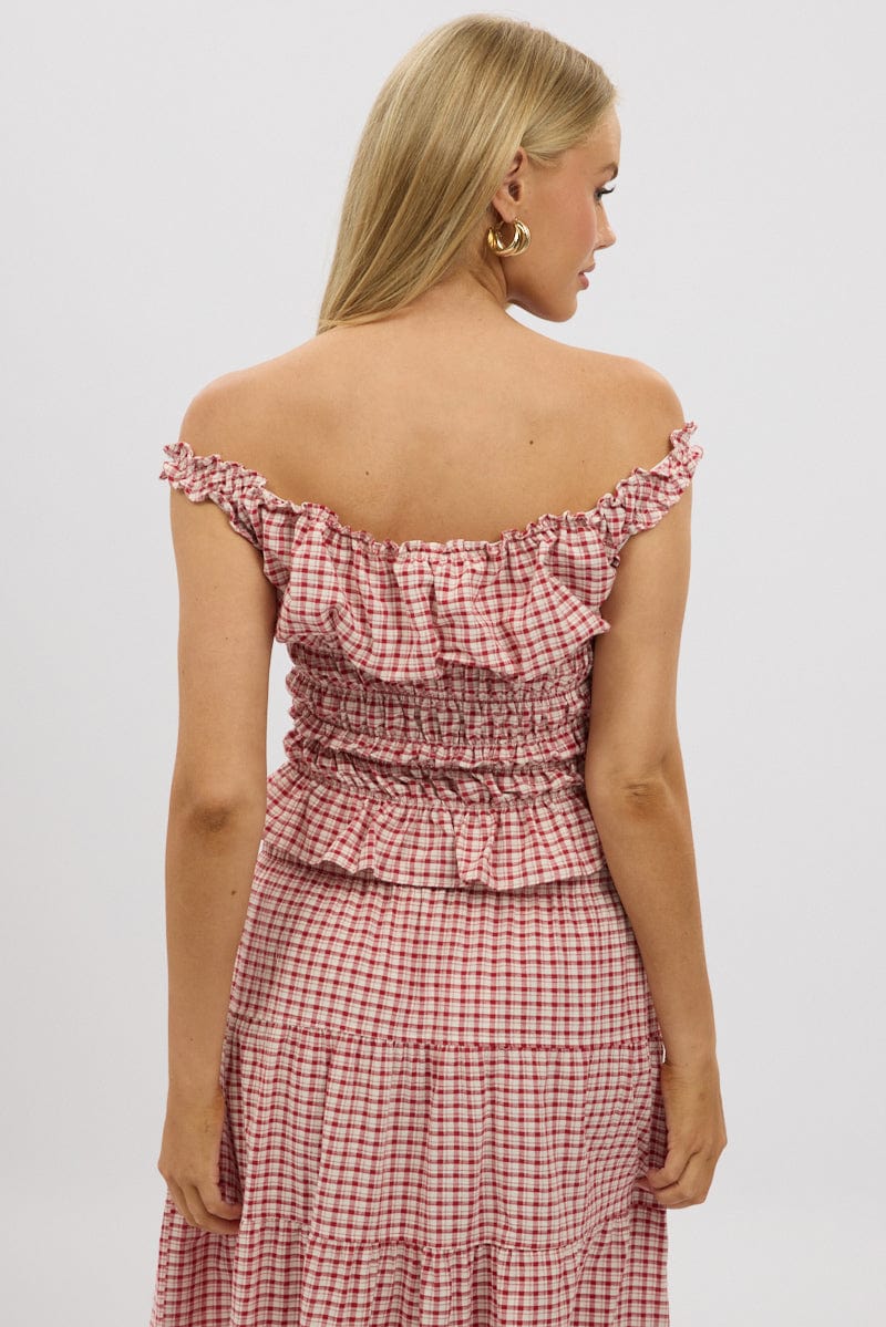 Red Check Shirred Top Off Shoulder Frill Details