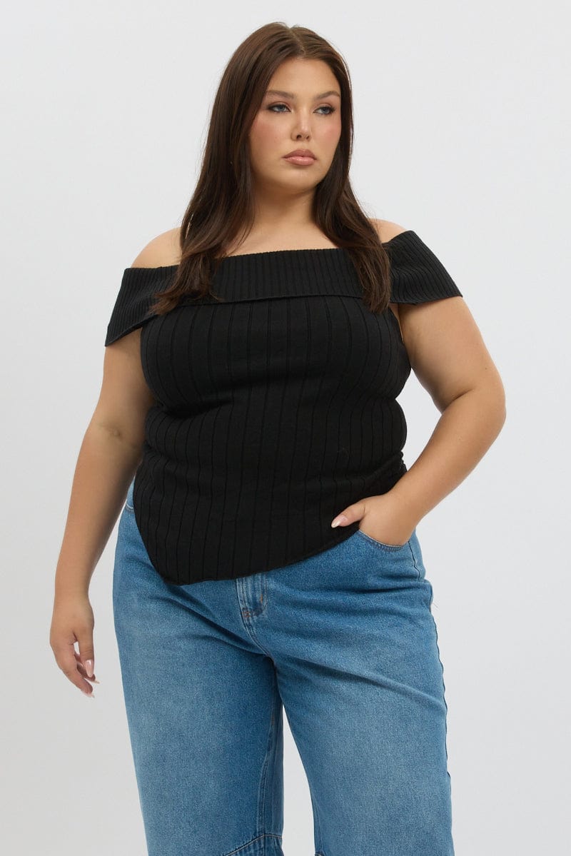Black Knit Top Off Shoulder Short Sleeve