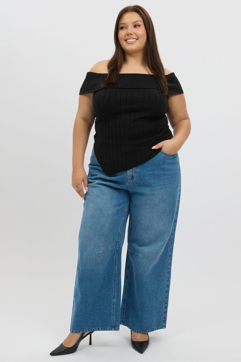 Black Knit Top Off Shoulder Short Sleeve