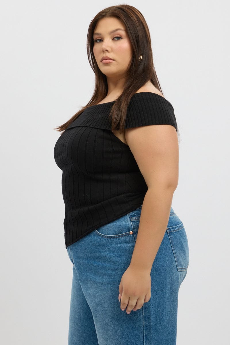 Black Knit Top Off Shoulder Short Sleeve