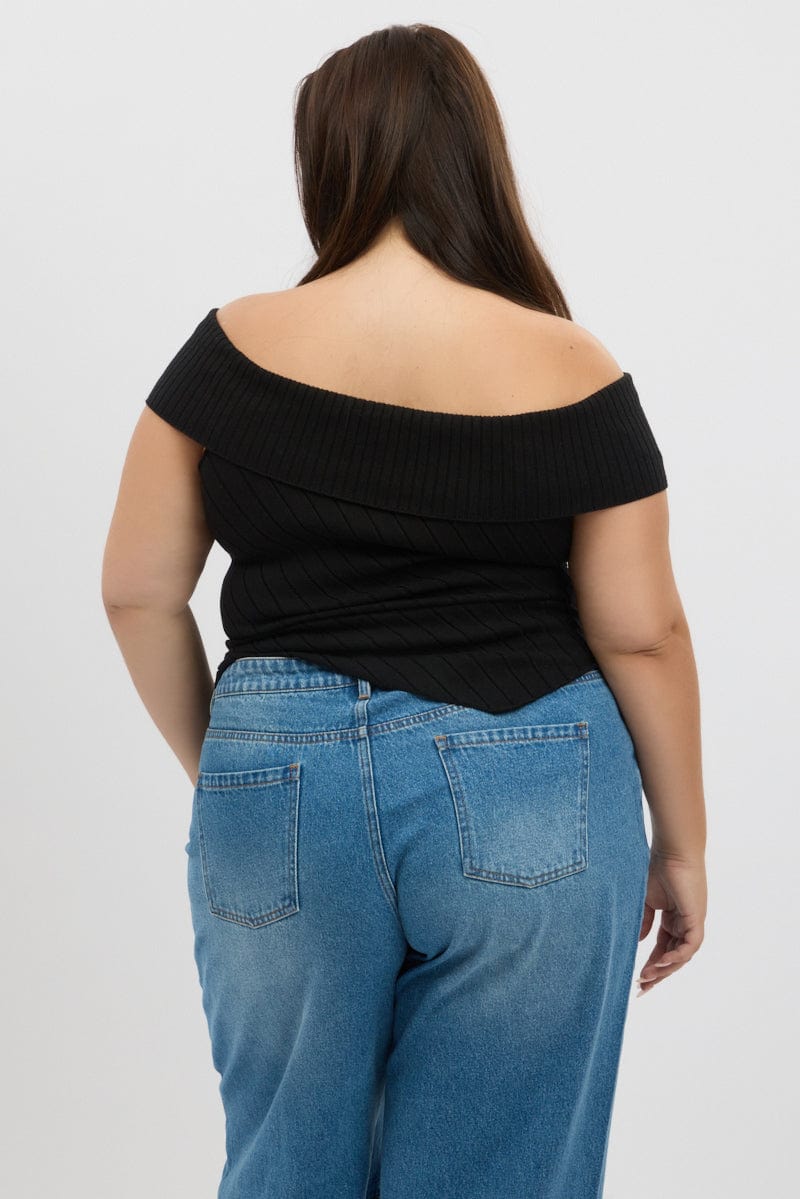 Black Knit Top Off Shoulder Short Sleeve