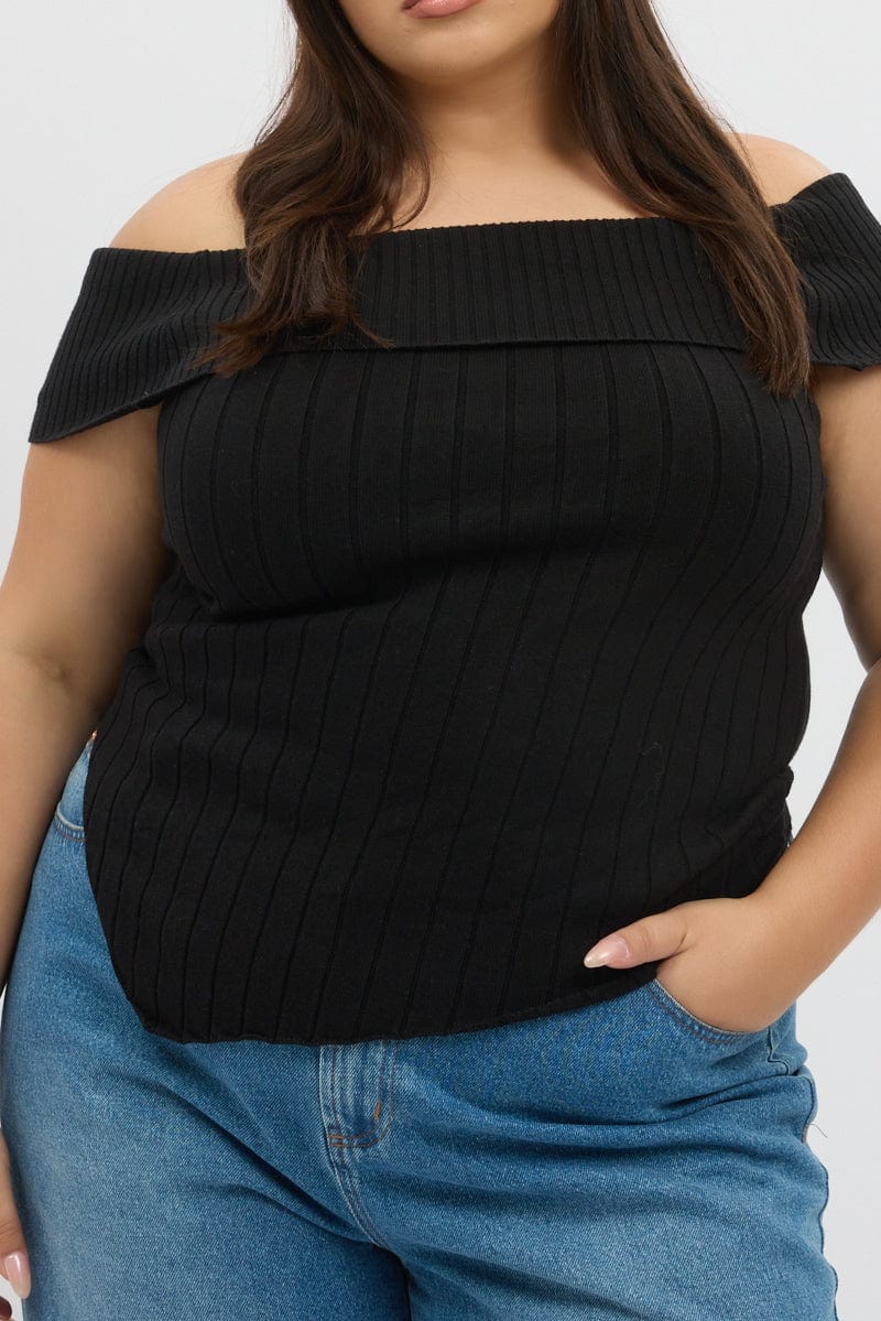 Black Knit Top Off Shoulder Short Sleeve
