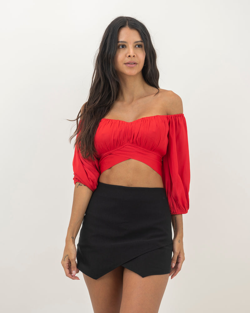 Elegant Off Shoulder Red Satin Tie-Up Ruffle Crop Top with Bell Sleeve