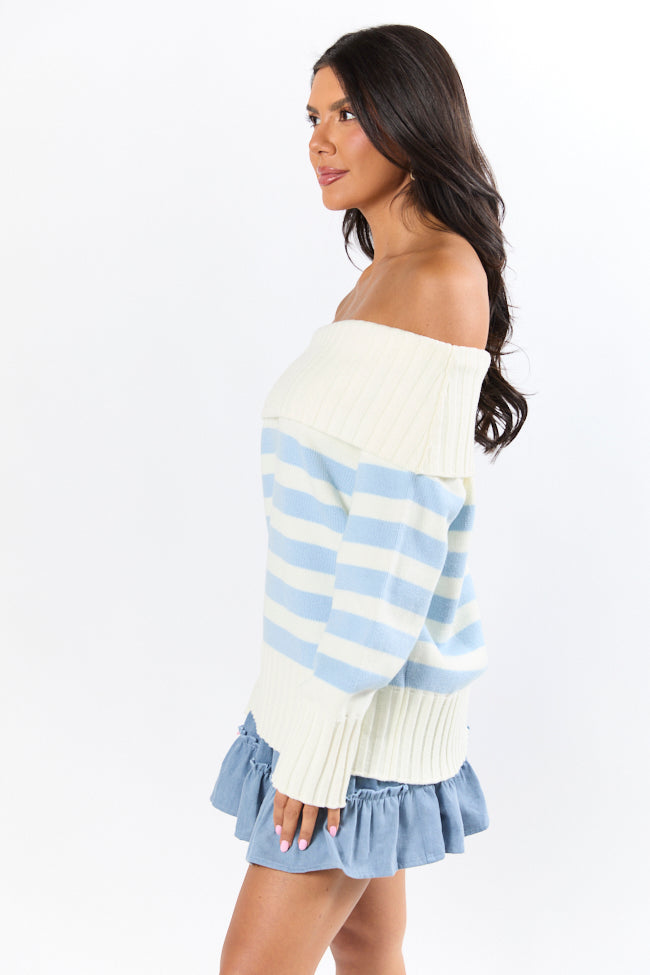 Undertow Feelings Ivory and Blue Striped Off The Shoulder Sweater FINAL SALE