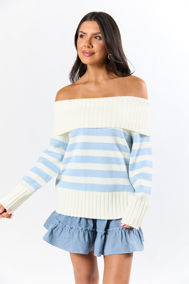 Undertow Feelings Ivory and Blue Striped Off The Shoulder Sweater FINAL SALE