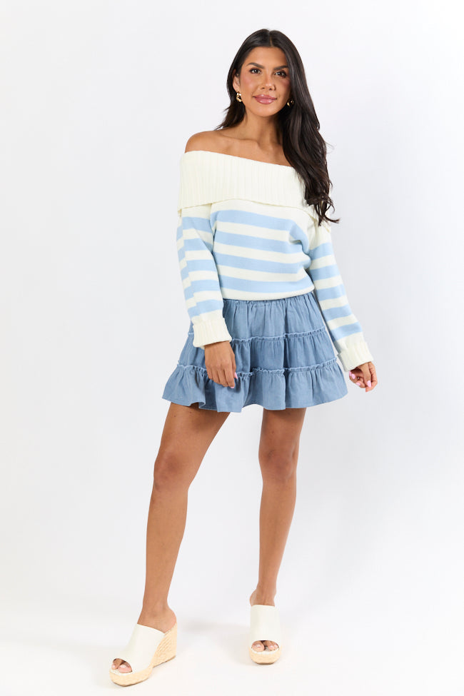 Undertow Feelings Ivory and Blue Striped Off The Shoulder Sweater FINAL SALE