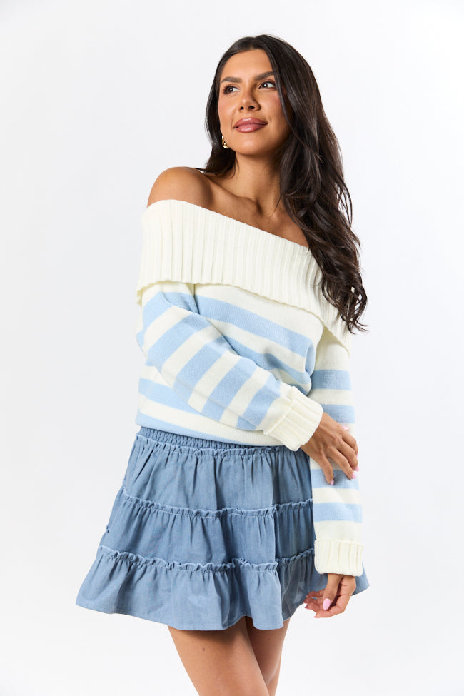 Undertow Feelings Ivory and Blue Striped Off The Shoulder Sweater FINAL SALE