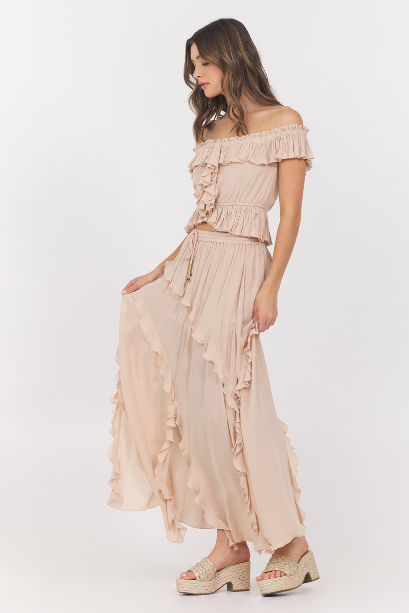 Champagne Toast Ruffle Off Shoulder Top
