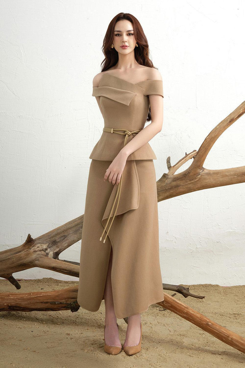 Eira Peplum Off-Shoulder Khaki Top