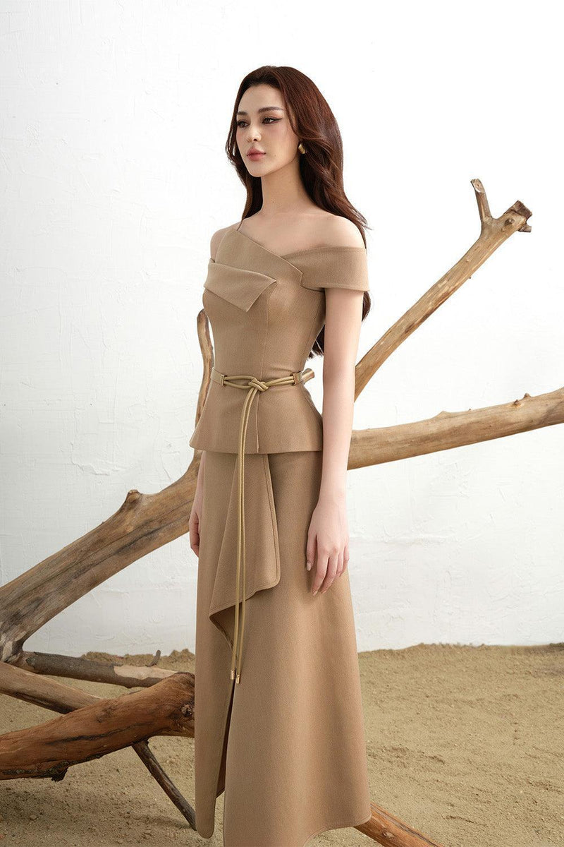 Eira Peplum Off-Shoulder Khaki Top