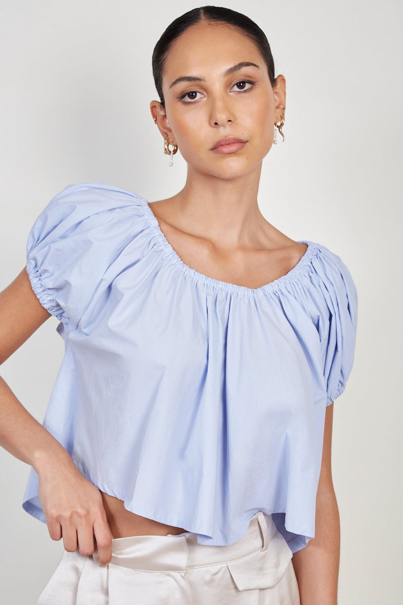 Light blue ruched trim off shoulder top