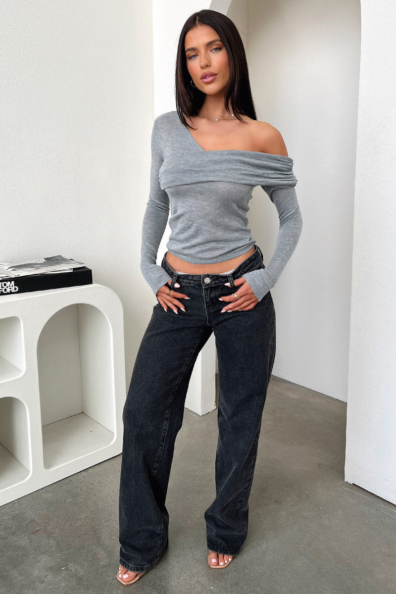 Rochelle Off Shoulder Long Sleeve Top - Grey