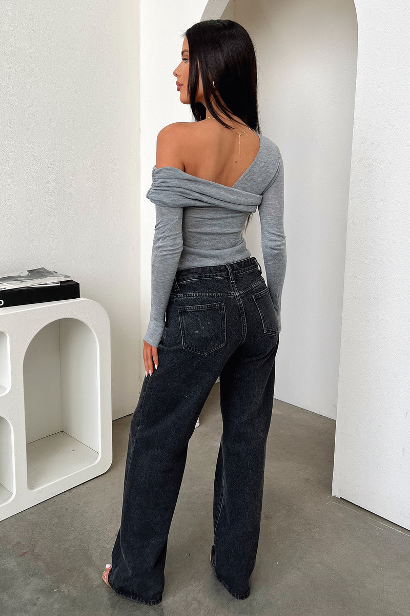 Rochelle Off Shoulder Long Sleeve Top - Grey