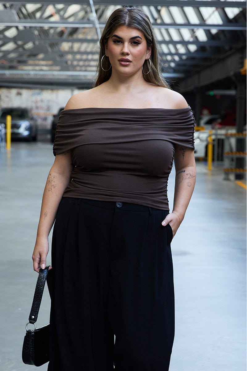 Brown Off Shoulder Top Side Ruched